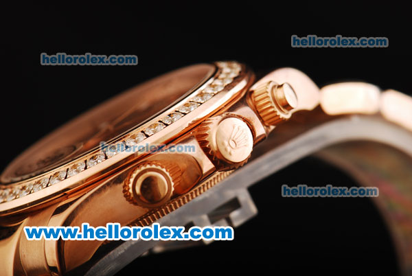 Rolex Daytona Chronograph Miyota Quartz Movement Full Rose Gold with Black Dial - Three RG Subdials and Diamond Bezel - Click Image to Close